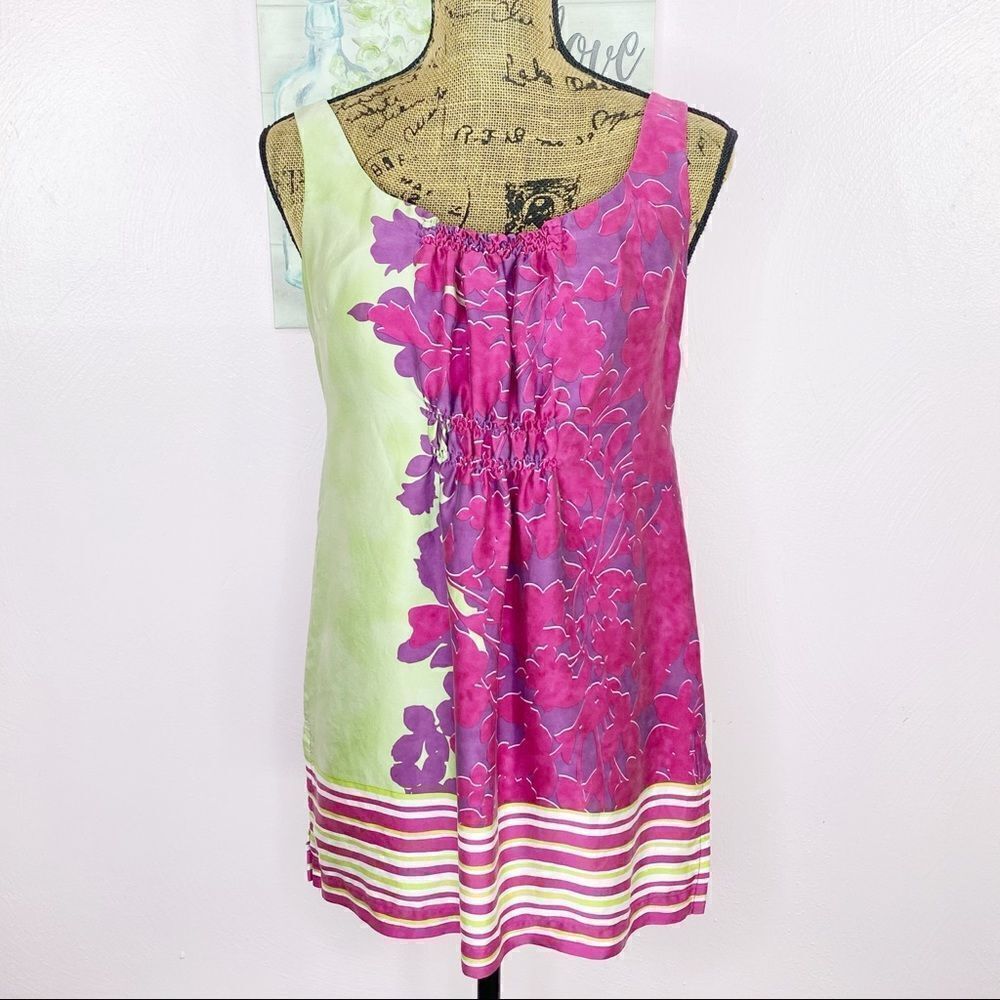 Cabi Floral Color Block Silk Sleeveless Tunic Blouse Green Pink Purple Small